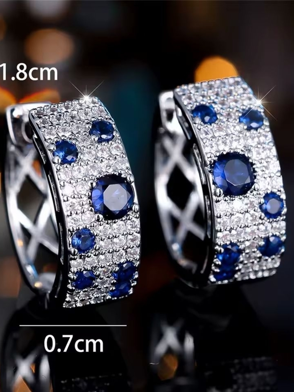 Sterling-Inspired Silver Hoop Earrings with Deep Blue Crystals